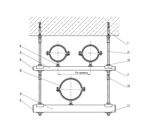 Крепления нескольких трубопроводов к перекрытию в Молодечно